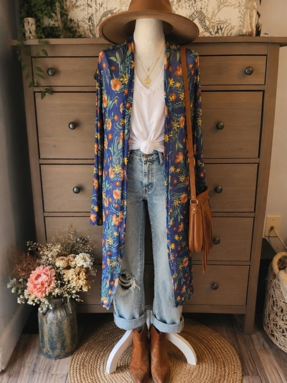 Floral Open-Front Duster Cardigan- Blue